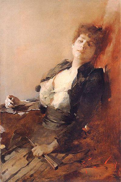Franciszek zmurko Portrait of a woman with a fan and a cigarette oil painting image